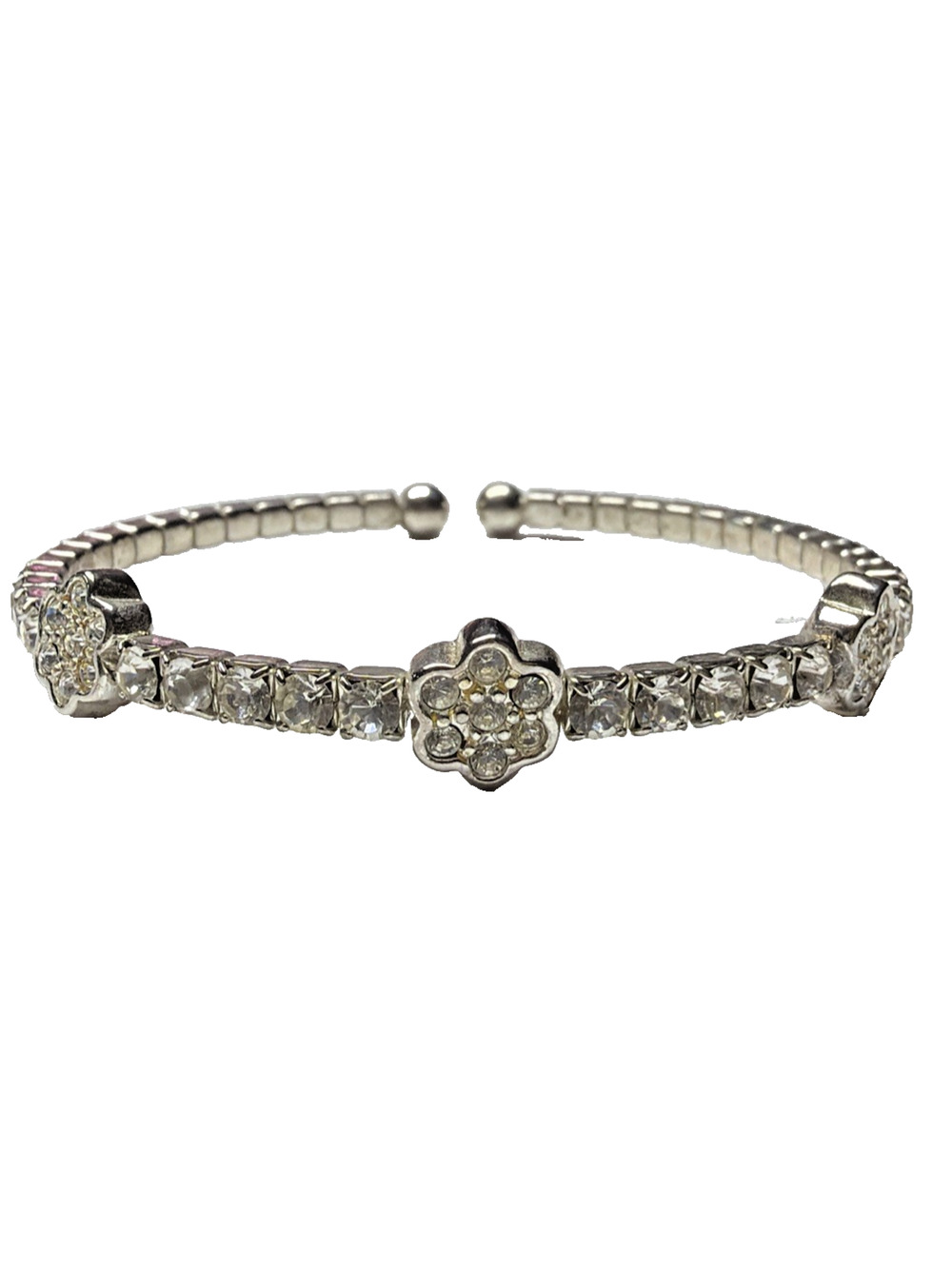 Vintage Clear Rhinestone Silver Cuff Bracelet Flower Clover